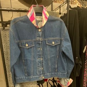 SKIRTING AROUND Jean Jacket with silk print on color and sleeve